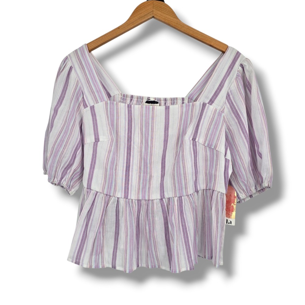 Arula Purple Striped Puff Sleeve Peplum Top Square Neck Smocked Back Plus Size X
